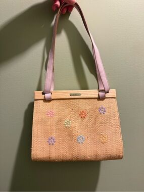 Emmanuel Ungaro Lilac-Handled Woven Straw Wood and Leather Embroidered Flowers